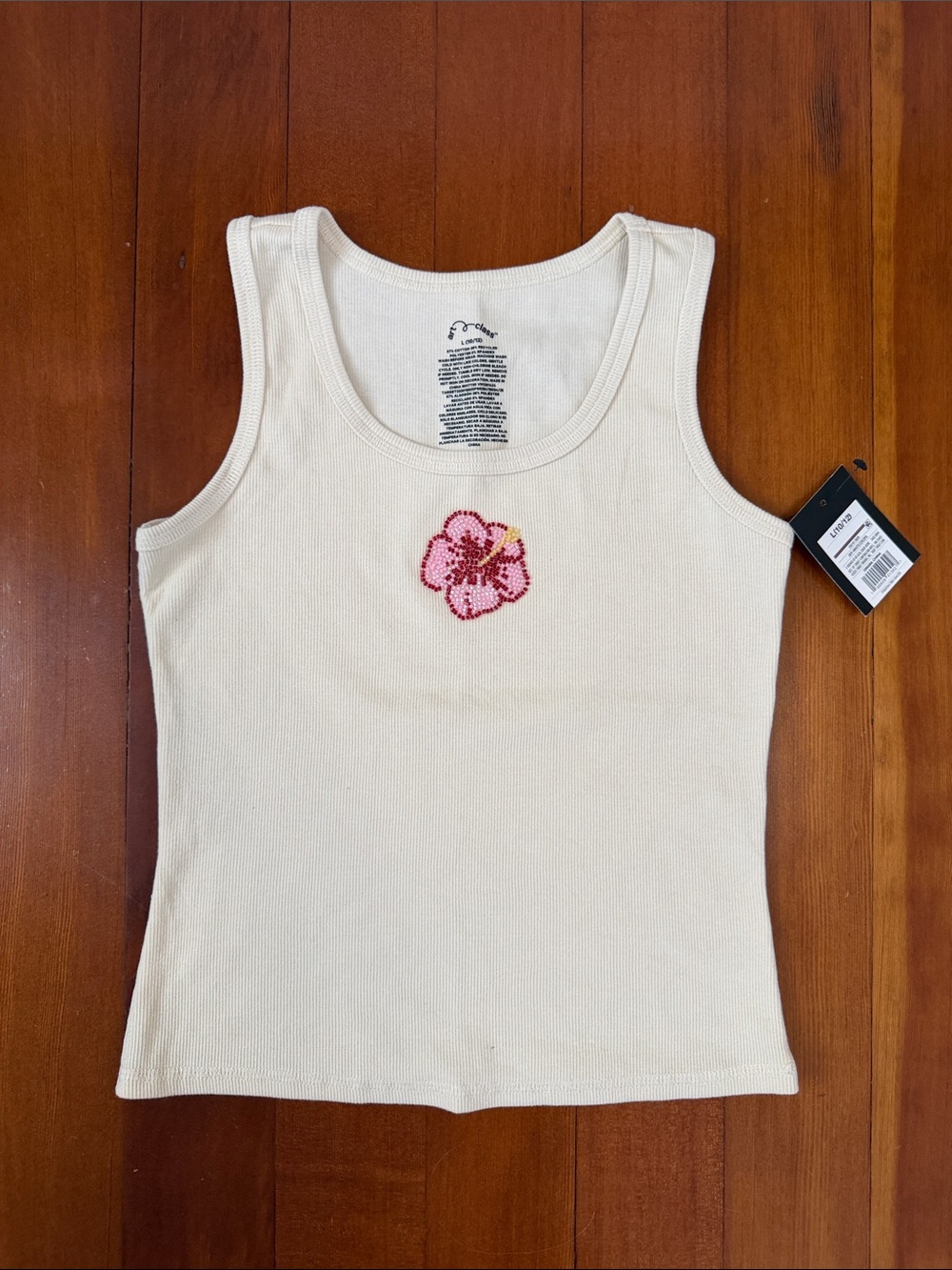 Off-White Cream Ribbed Tank with Pink Beaded Flower